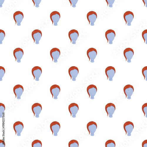Seamless pattern featuring multiple red short wigs on light blue mannequin heads