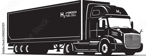 Hydrogen fuel cell semi truck, eco friendly transportation, H2 powered vehicle, black and white vector