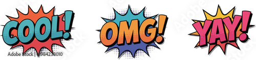 Comic Expression Stickers Set with Cool, OMG and Yay Pop Art Speech Bubble Text Vector Collection