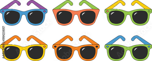 Set of colorful sunglasses vector illustration, fashionable eyewear for summer and protection from sun rays.