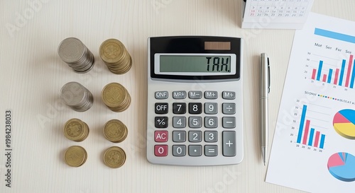 Tax Calculation with Calculator, Coins, and Financial Charts on a Desk.
