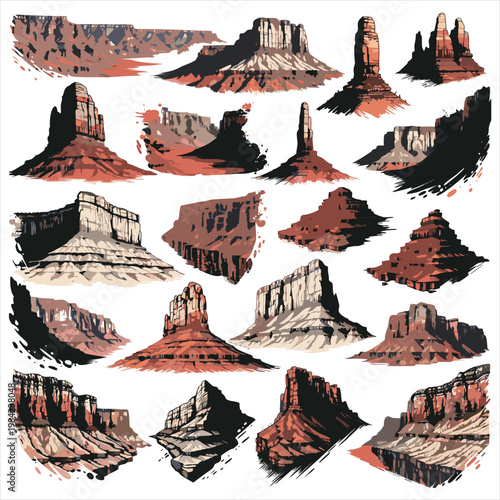 Canyons, Mountain Peaks and Plateaus, Desert Rock Vector Element Set