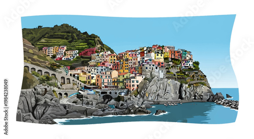 Vector illustration of the colorful coastal village of Manarola in Cinque Terre, Italy, featuring vibrant buildings built on steep cliffs overlooking the blue Mediterranean Sea.