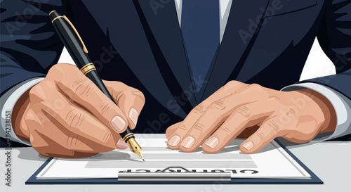 Vector illustration of a businessman's hands wearing a dark blue suit and tie signing a legal document or contract on a clipboard with a gold-nibbed fountain pen on a desk.