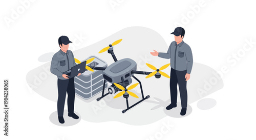 Two men in gray jackets discussing a drone with yellow propellers and a control panel in an industrial setting.