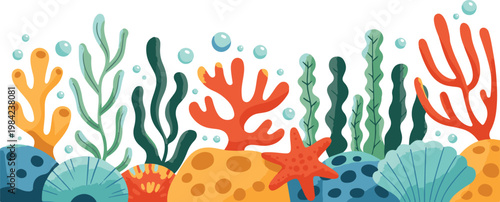 Underwater coral reef with seaweed and ocean plants vector illustration, colorful marine life background for sea concept.