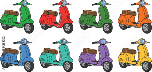 Retro scooter vector collection with eight colorful moped variations in green red orange blue purple and yellow for city transport.