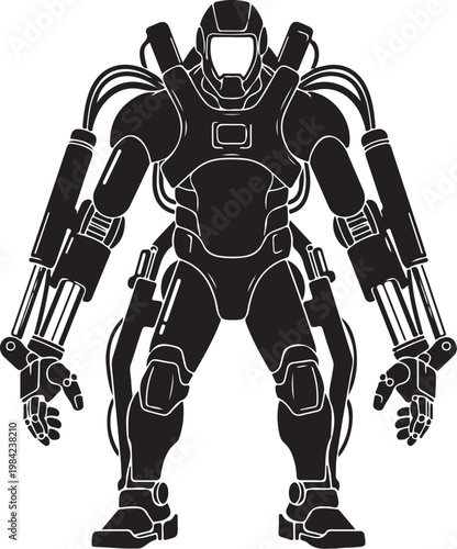 Robotic cyborg soldier, futuristic mech suit, black and white vector, sci-fi illustration, robotic armor