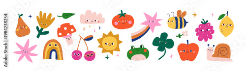 Cute summer nature characters set. Baby rainbow, berry, sun with happy faces. Funny playful kawaii doodle animal, star, flower. Flat cartoon vector illustrations isolated on white background