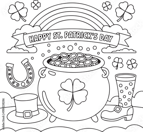 St patricks day coloring page with leprechaun hat pot of gold coins rainbow banner clover horseshoe and rubber boot illustration.