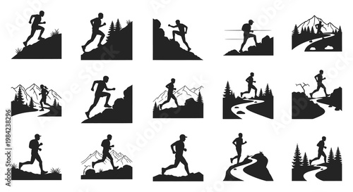 A collection of black silhouettes depicting people running through various landscapes and mountainous terrain silhouette high quality professional detailed modern elegant