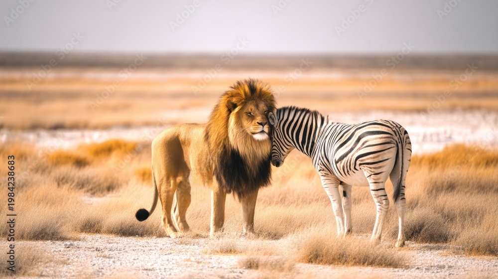 Fototapeta premium A striking scene of harmony in nature. A majestic lion and a zebra share a moment in a golden landscape. Wildlife photography capturing friendship and coexistence. AI