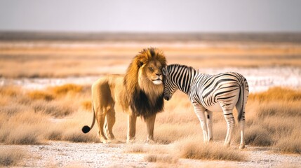 A striking scene of harmony in nature. A majestic lion and a zebra share a moment in a golden landscape. Wildlife photography capturing friendship and coexistence. AI