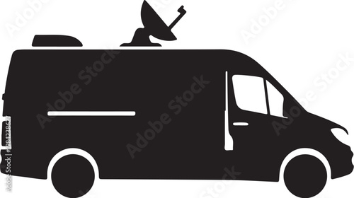 Black van silhouette, satellite dish on roof, vehicle icon, transportation symbol, delivery truck