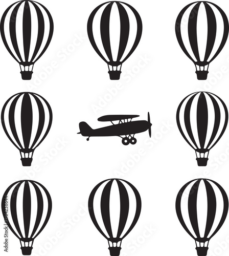 Collection of hot air balloons and vintage airplane, retro transportation for travel and adventure concept.