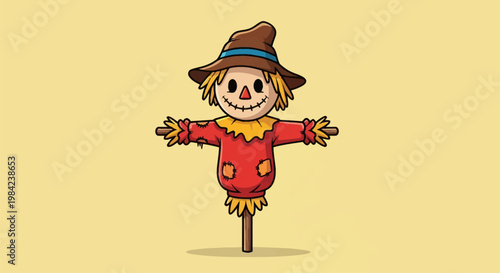 Cheerful cartoon scarecrow vector illustration featuring a red patched shirt, brown pointed hat with blue band, and straw details, standing on a wooden pole against a plain background.