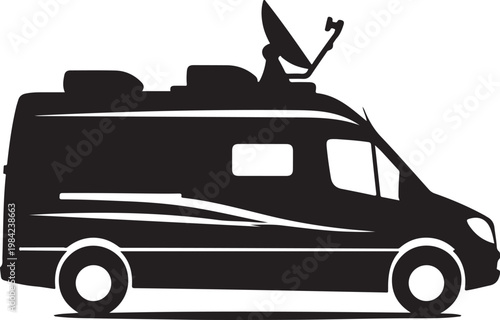 Camper van, motorhome, RV silhouette, travel trailer, black icon