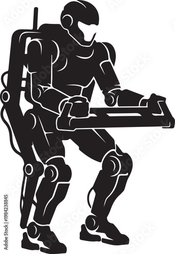 Robot, futuristic humanoid, black silhouette, white outline, mechanical figure