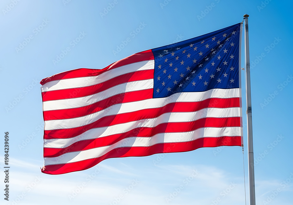 Fototapeta premium The american flag waving proudly against a bright blue sky symbolizing freedom and patriotism