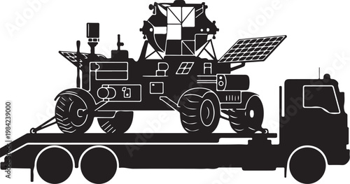 Black, industrial, robotic rover on truck trailer, solar panel, vector illustration