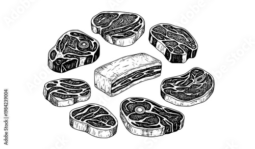 Hand drawn meat cuts sketch set with steak pork belly and sirloin detailed line art collection isolated on white
