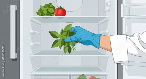 Vector illustration of a chef's hand wearing a blue nitrile glove reaching into a clean white refrigerator to pick up fresh green basil leaves with a tomato on the top shelf.