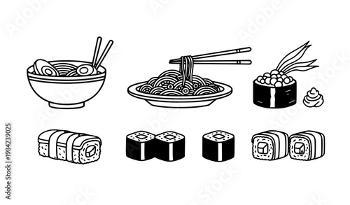 Minimal Japanese cuisine vector set with ramen soba noodles and sushi roll hand drawn outline food illustration
