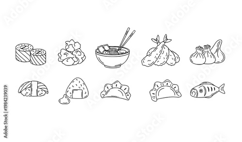 Minimal Japanese food doodle icon set with sushi ramen tempura and rice ball hand drawn vector illustration