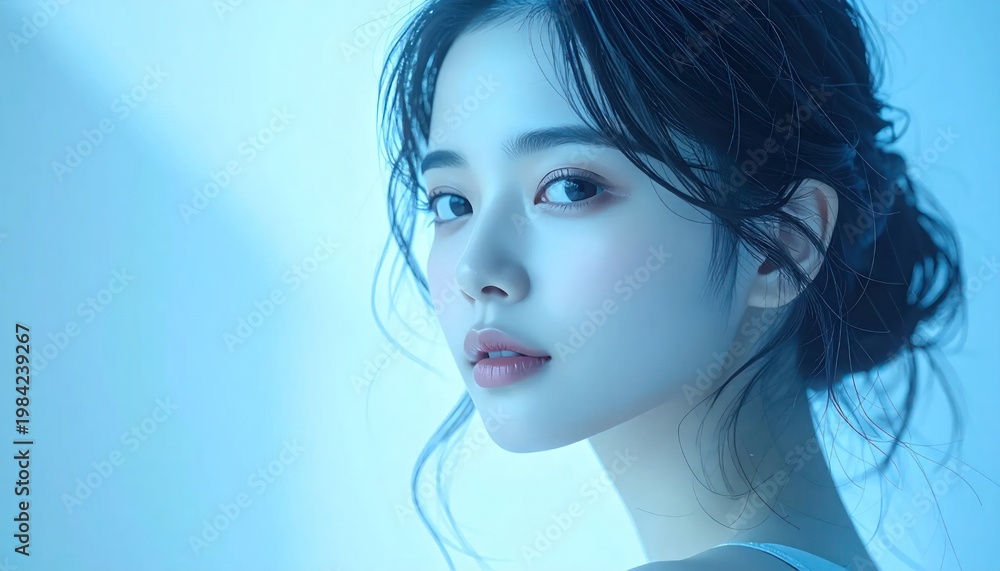 Naklejka premium Beautiful Young Woman with Blue Lighting and Soft Makeup.