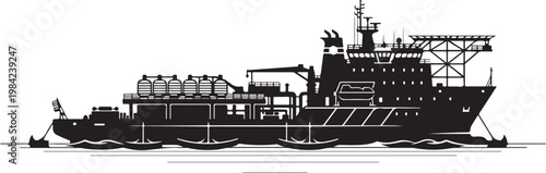 Industrial cargo ship, black silhouette, vector illustration, maritime vessel, transportation icon