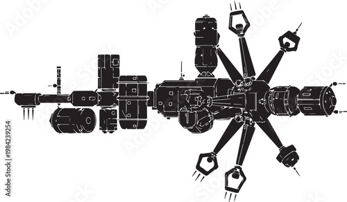 Space Station, Futuristic Spacecraft, Black Vector Illustration, Space Exploration, Sci-Fi Design