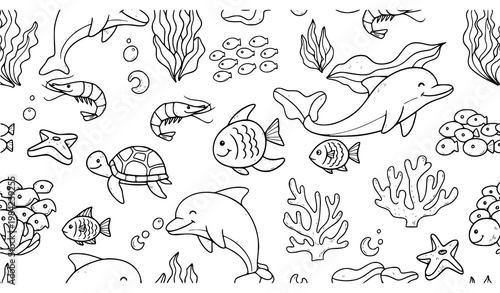 Playful seamless ocean doodle pattern with cute sea animals fish turtle dolphin coral hand drawn vector