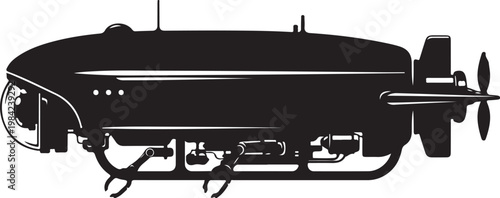 Black submarine vector, underwater vehicle illustration, ocean exploration graphic, nautical design element