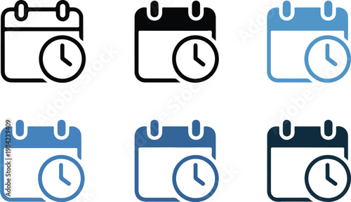 Calendar icons with clock for scheduling and time management in business and personal organization for appointments and events.
