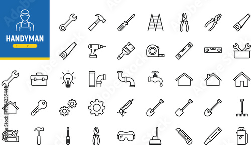 handyman tools and equipment flat design vector illustration set