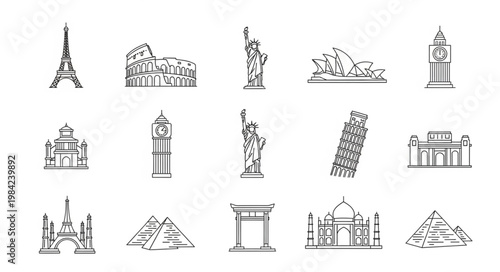Collection of famous world landmarks in a simple line art style.