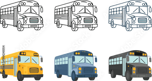 Set of school bus icons in various styles including line art and colored versions for transportation and education themes simple.