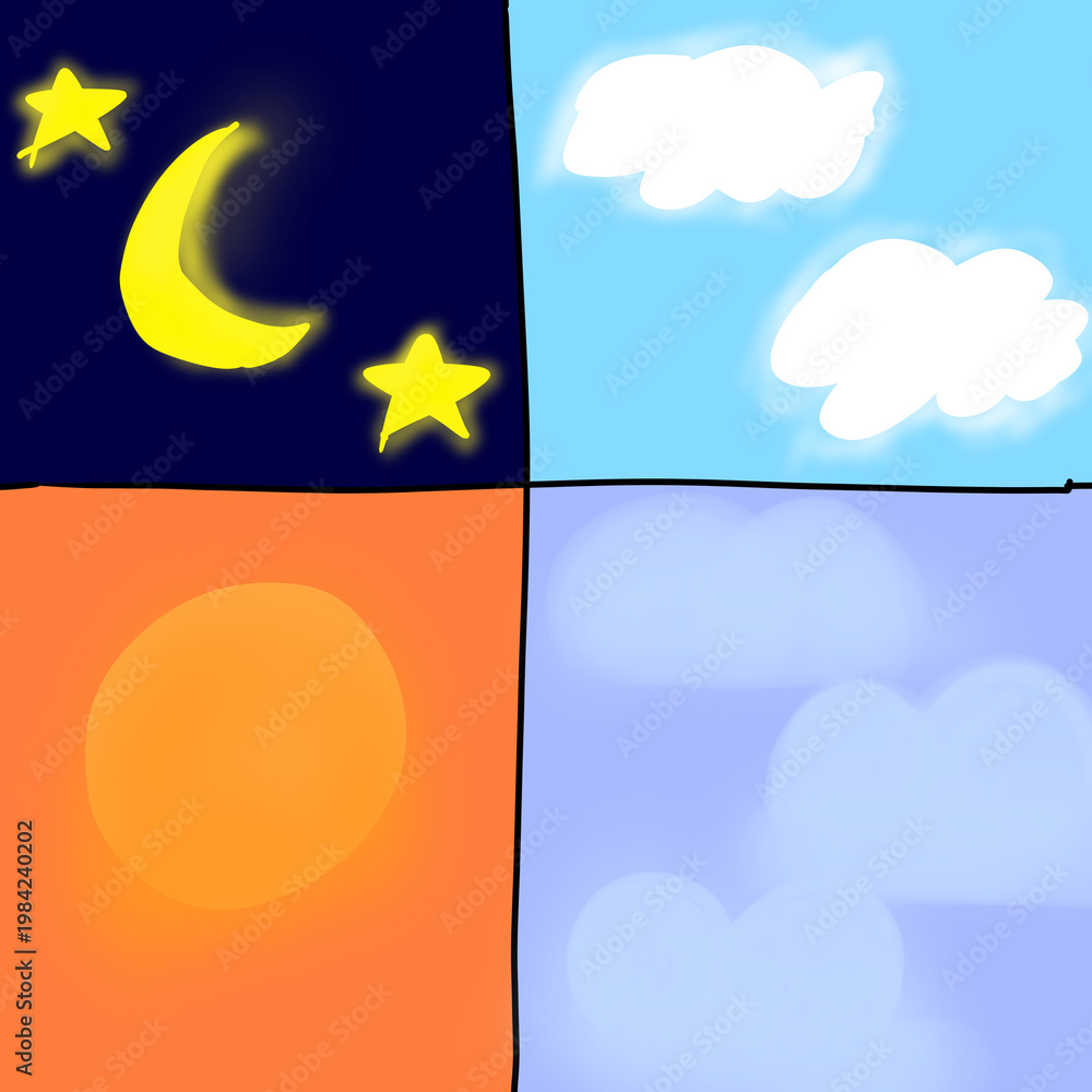 Fototapeta premium A set of 4 sky: sunny morning with sun and clouds, dawn, afterdawn, night, sunset, moon, stars, half moon (dark blue) background illustration vector backdrop wallpaper landscape design abstract icon
