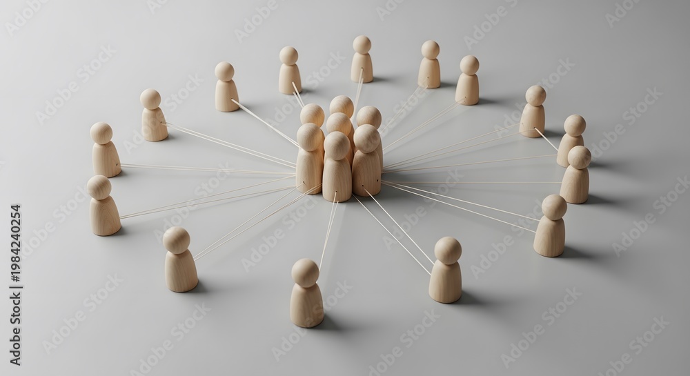 Obraz premium Community collaboration and central team concept, wooden human figures grouped at the center forming a hub