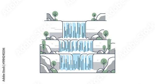 A cascading waterfall descends through multiple tiered rock formations depicted in a minimalist line art silhouette high quality professional detailed modern