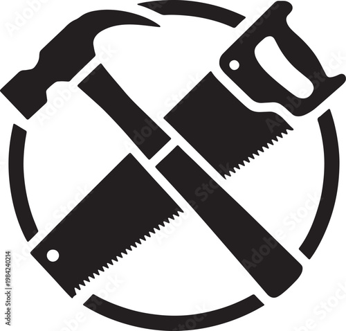 Black and white crossed hammer and saws within a circular frame tool carpentry