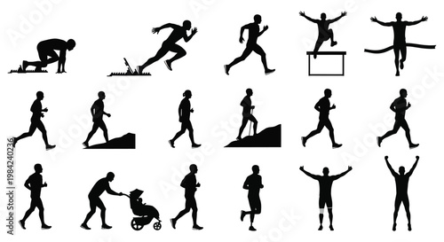 A collection of black silhouettes depicting various human actions including running jumping and pushing in dynamic poses silhouette high quality professional