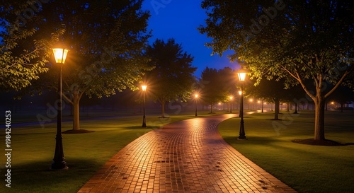 Evening stroll through a beautifully illuminated park pathway at dusk illustration