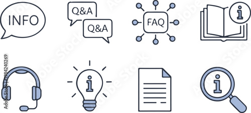 Information line icon set. useful resources collection for help, support, frequently asked questions, tutorials.