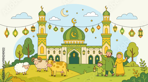 Cartoon illustration of a happy Muslim family celebrating Eid al-Adha with sacrificial animals and lanterns in front of a mosque.