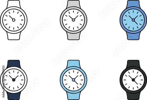 Collection of modern watch icons with different colored straps on transparent background, timekeeping accessories for fashion and style.