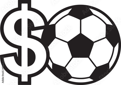 Black and white dollar sign symbol adjacent to a soccer ball money finance