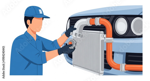 Mechanic installing car radiator cooling system component.
