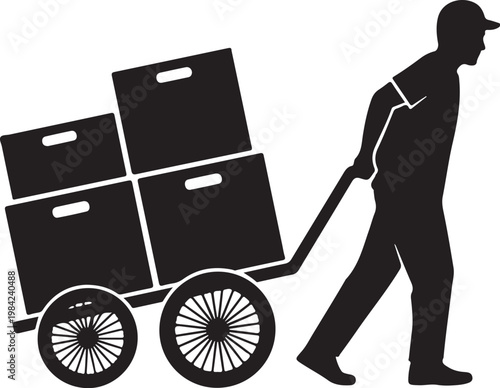 Delivery man, silhouette, pushing cart, boxes, black, vector