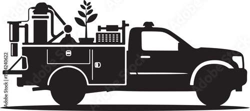 Black truck, utility vehicle, silhouette illustration, vector graphics, service truck